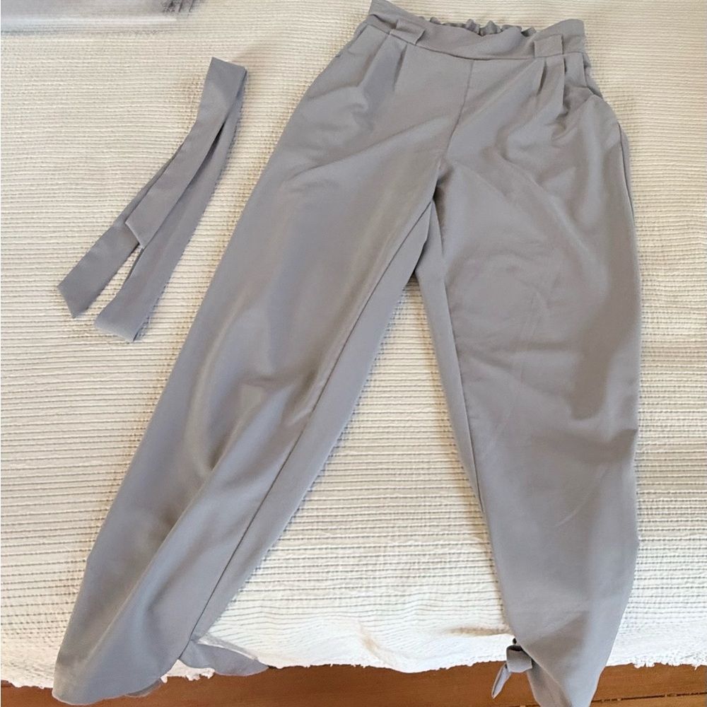 Flattering Grace Karin Light Gray High-Waist Paperbag Trousers with Tie Belt